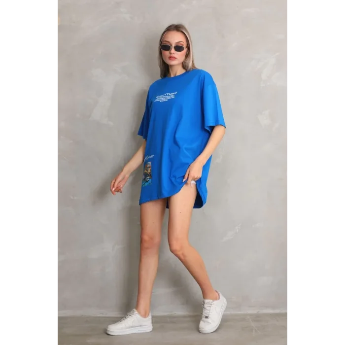 kadın Bisiklet Yaka Baskılı Oversize T-Shirt - Mavi