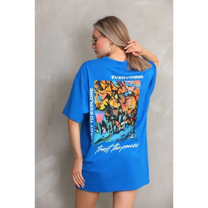 kadın Bisiklet Yaka Baskılı Oversize T-Shirt - Mavi