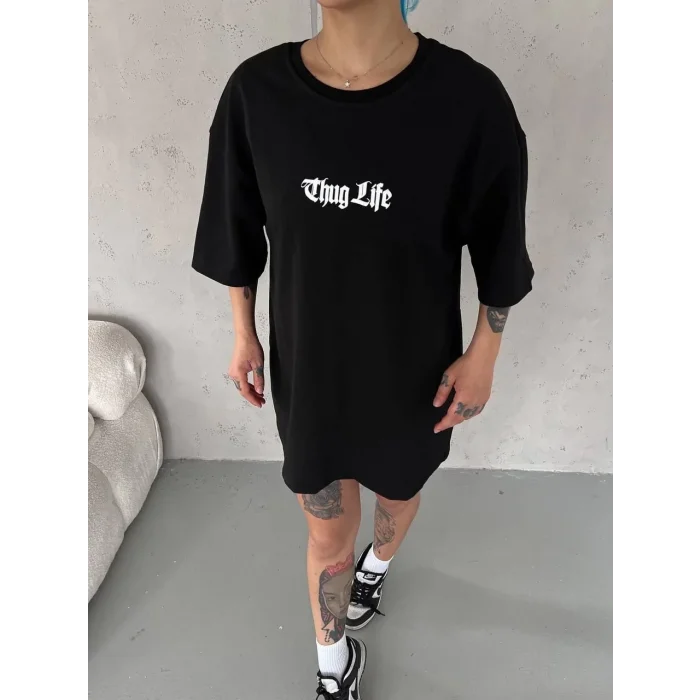 Kadın Kısa Kol Yazlık Tişört Bisiklet Yaka Baskılı Oversize T-Shirt -  Siyah