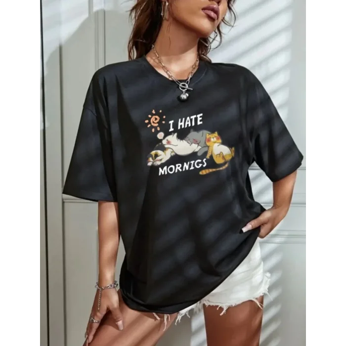 Kadın Tişört Bisiklet Yaka Baskılı Oversize T-Shirt - Siyah