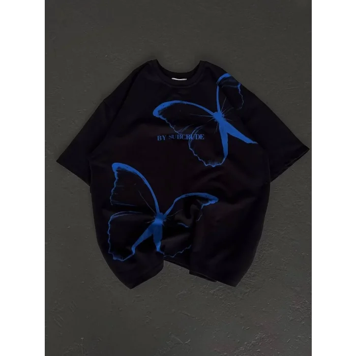 kadın Bisiklet Yaka Baskılı Oversize T-Shirt - Siyah