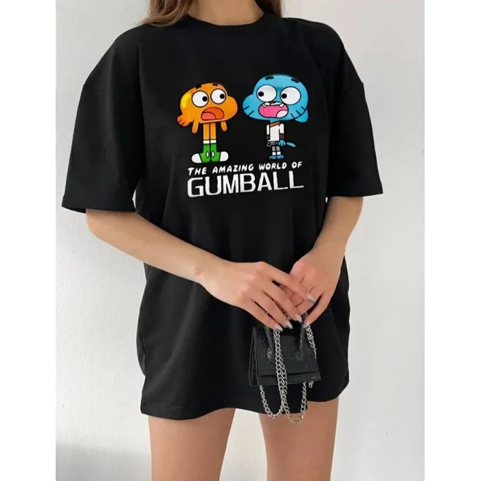 Kadın Kısa kol Tişört Bisiklet Yaka Baskılı Oversize T-Shirt - Siyah