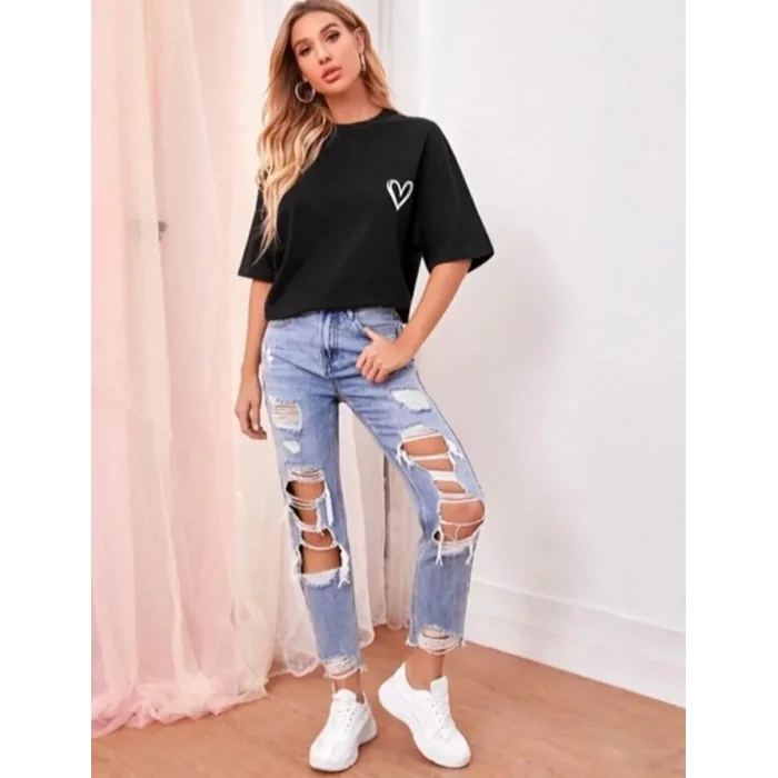 Kadın Tişört Bisiklet Yaka Baskılı Oversize T-Shirt - Siyah