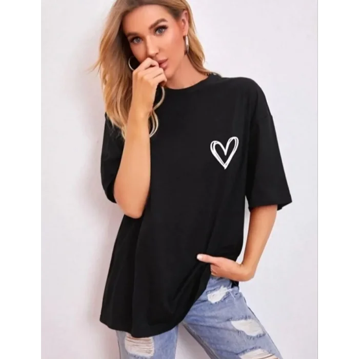 Kadın Tişört Bisiklet Yaka Baskılı Oversize T-Shirt - Siyah