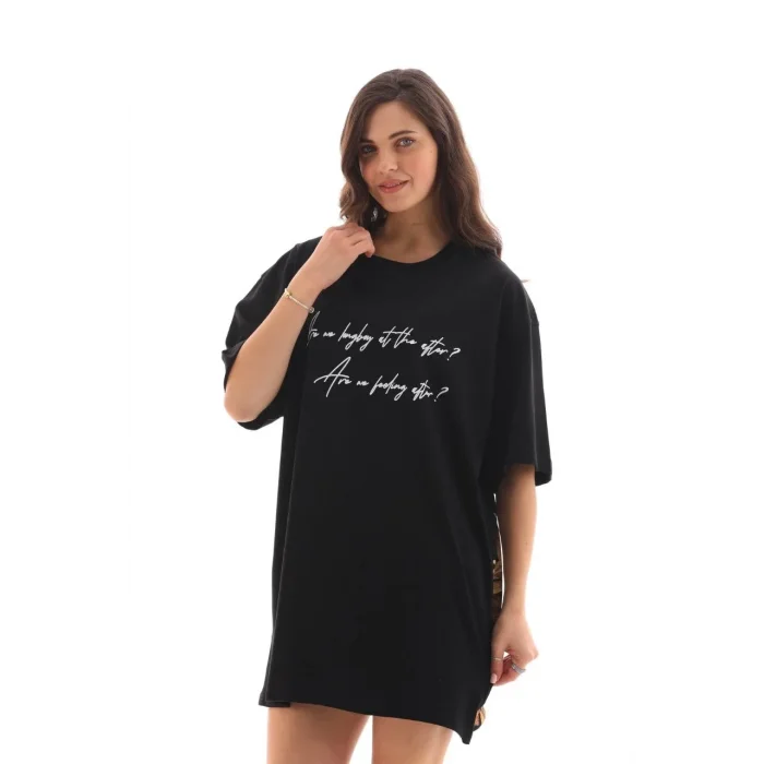 Kadın Kısa Kol Yazlık Tişört Bisiklet Yaka Baskılı Oversize T-Shirt - Siyah