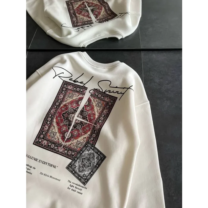 Kadın Bisiklet Yaka Kilim Halı Baskılı 3 İplik Pamuklu Sweatshirt - Beyaz