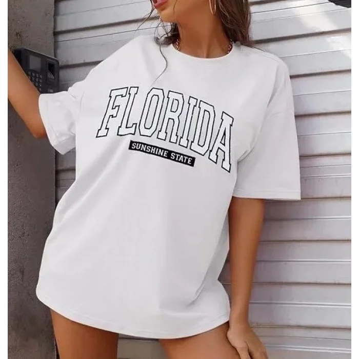 Kadın Kısa Kol Yazlık Tişört Bisiklet Yaka FLORIDA Baskılı T-Shirt - Beyaz