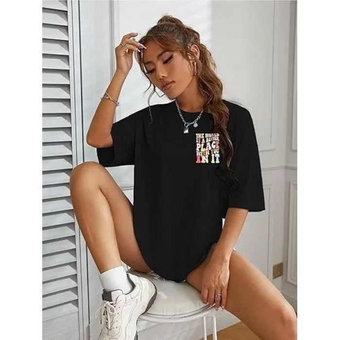 Kadın Baskılı T-Shirt Kısa Kol Bisiklet Yaka Oversize Rahat Kalıp Tişört - Siyah