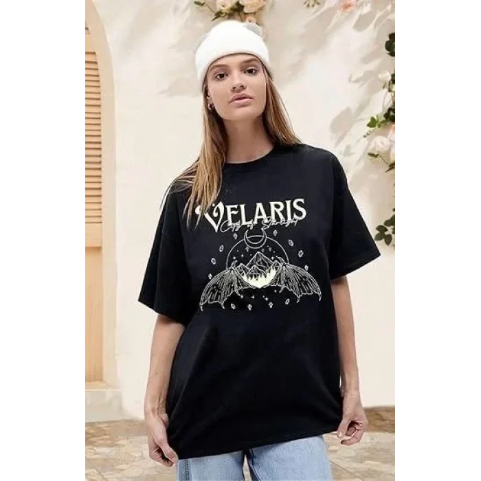 Kadın Baskılı T-Shirt Kısa Kol Bisiklet Yaka Oversize Rahat Kalıp Tişört - Siyah