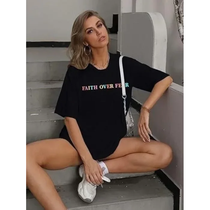 Kadın Baskılı T-Shirt Kısa Kol Bisiklet Yaka Oversize Rahat Kalıp Tişört - Siyah