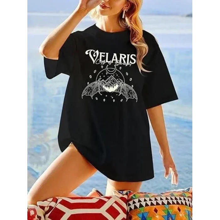 Kadın Baskılı T-Shirt Kısa Kol Bisiklet Yaka Oversize Rahat Kalıp Tişört - Siyah