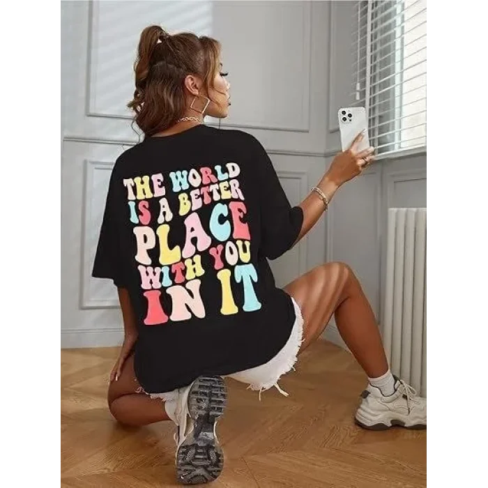 Kadın Baskılı T-Shirt Kısa Kol Bisiklet Yaka Oversize Rahat Kalıp Tişört - Siyah