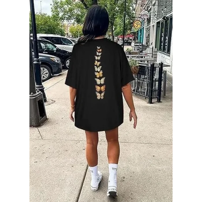 Kadın Baskılı T-Shirt Kısa Kol Bisiklet Yaka Oversize Rahat Kalıp Tişört - Siyah