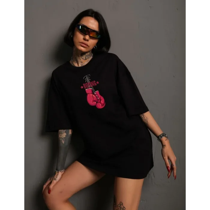 Kadın Kısa Kol Tişört Bisiklet Yaka Boxy Eldiven Baskılı T-Shirt - Siyah