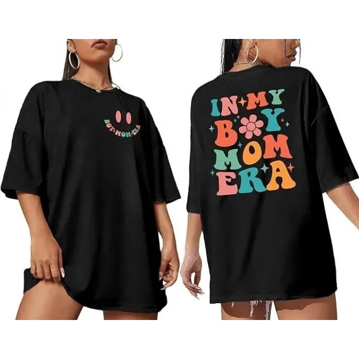 Kadın Baskılı T-Shirt Kısa Kol Bisiklet Yaka Oversize Rahat Kalıp Tişört - Siyah