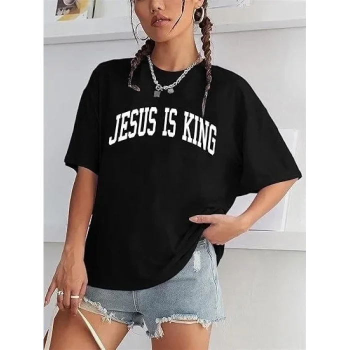 Kadın Baskılı T-Shirt Kısa Kol Bisiklet Yaka Oversize Rahat Kalıp Tişört - Siyah