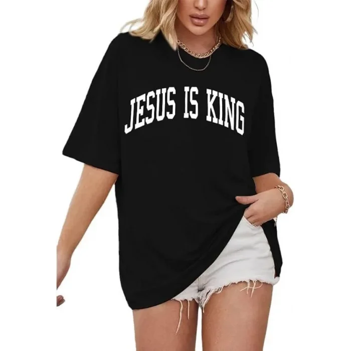 Kadın Baskılı T-Shirt Kısa Kol Bisiklet Yaka Oversize Rahat Kalıp Tişört - Siyah