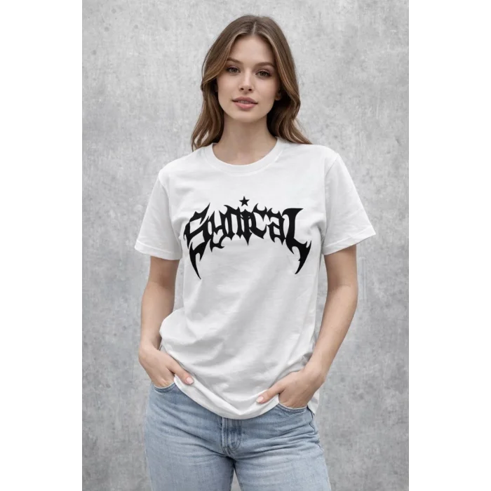 Kadın Bisiklet Yaka Ön Baskılı Kısa Kollu Tişört Streetwear Günlük Basic Pamuklu T-shirt - Beyaz