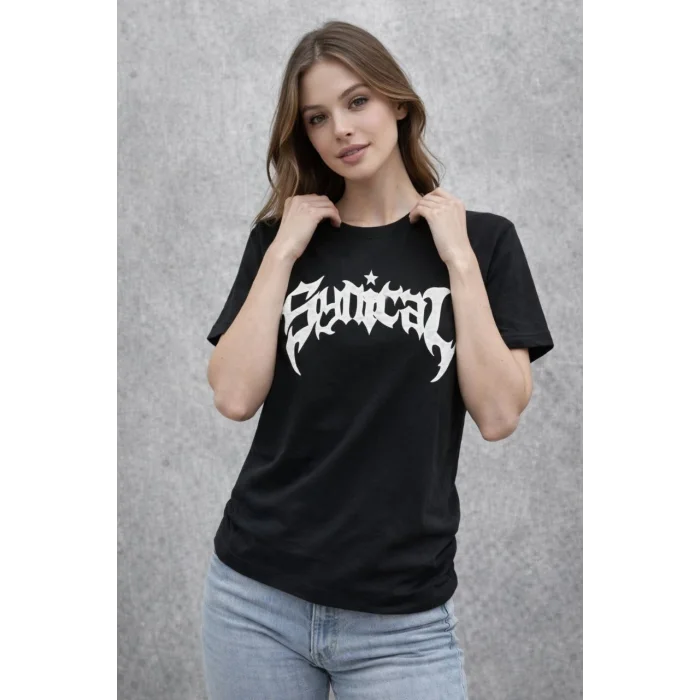 Kadın Bisiklet Yaka Ön Baskılı  Kısa Kollu Tişört Streetwear Günlük Basic Pamuklu T-shirt - Siyah