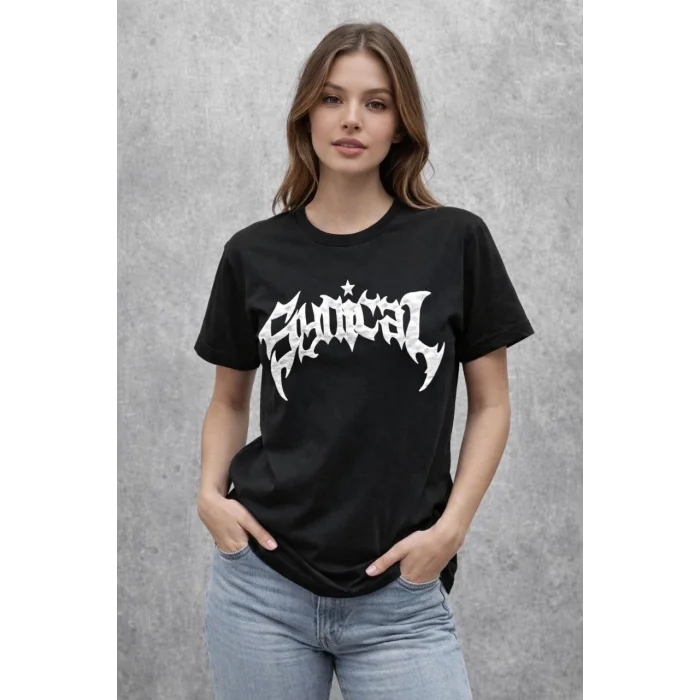 Kadın Bisiklet Yaka Ön Baskılı  Kısa Kollu Tişört Streetwear Günlük Basic Pamuklu T-shirt - Siyah