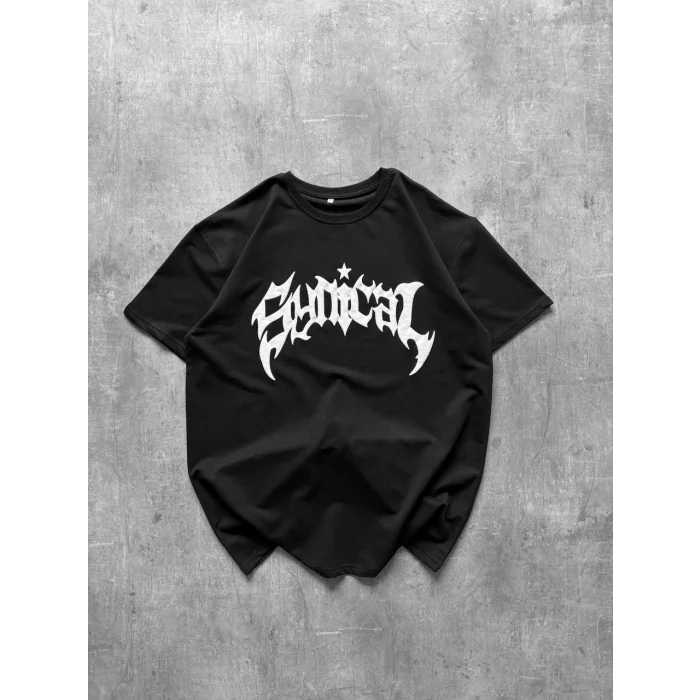 Kadın Bisiklet Yaka Ön Baskılı  Kısa Kollu Tişört Streetwear Günlük Basic Pamuklu T-shirt - Siyah