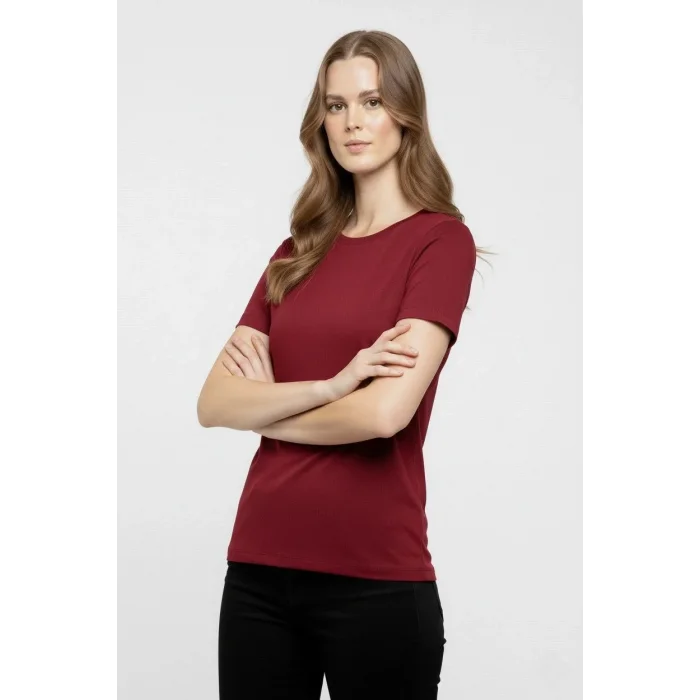 Kadın T-Shirt Bisiklet Yaka Slim Fit Likralı Tişört Yazlık Basic Body - Bordo
