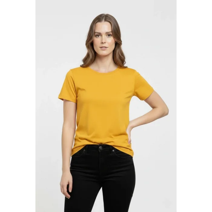 Kadın T-Shirt Bisiklet Yaka Slim Fit Likralı Tişört Yazlık Basic Body - Sarı