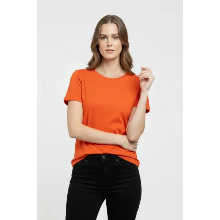 Kadın T-Shirt Bisiklet Yaka Slim Fit Likralı Tişört Yazlık Basic Body - Turuncu