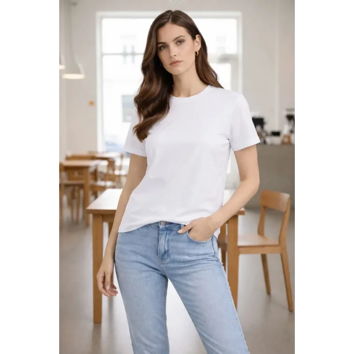 Kadın Bisiklet Yaka Yazlık Kısa kol Düz Tişört Regular Kalıp T-shirt - Beyaz