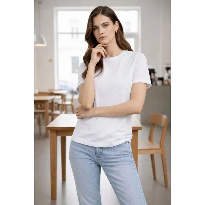 Kadın Bisiklet Yaka Yazlık Kısa kol Düz Tişört Regular Kalıp T-shirt - Beyaz