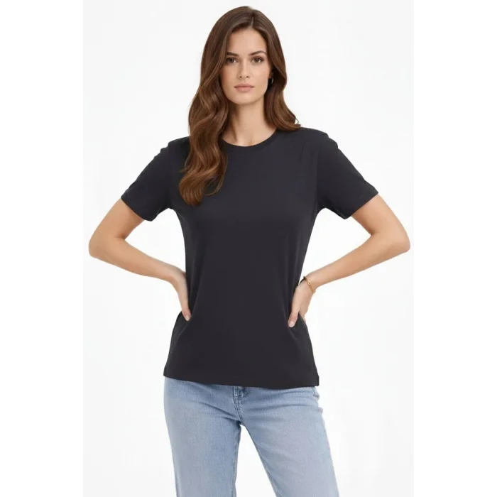 Kadın Bisiklet Yaka Yazlık Kısa kol Düz Tişört Regular Kalıp T-shirt - Füme