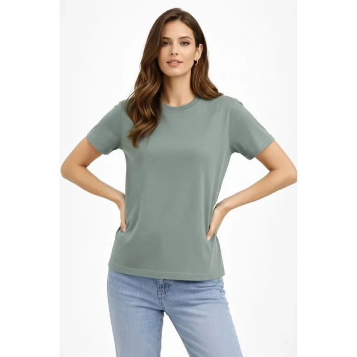 Kadın Bisiklet Yaka Yazlık Kısa kol Düz Tişört Regular Kalıp T-shirt - Mint Yeşili