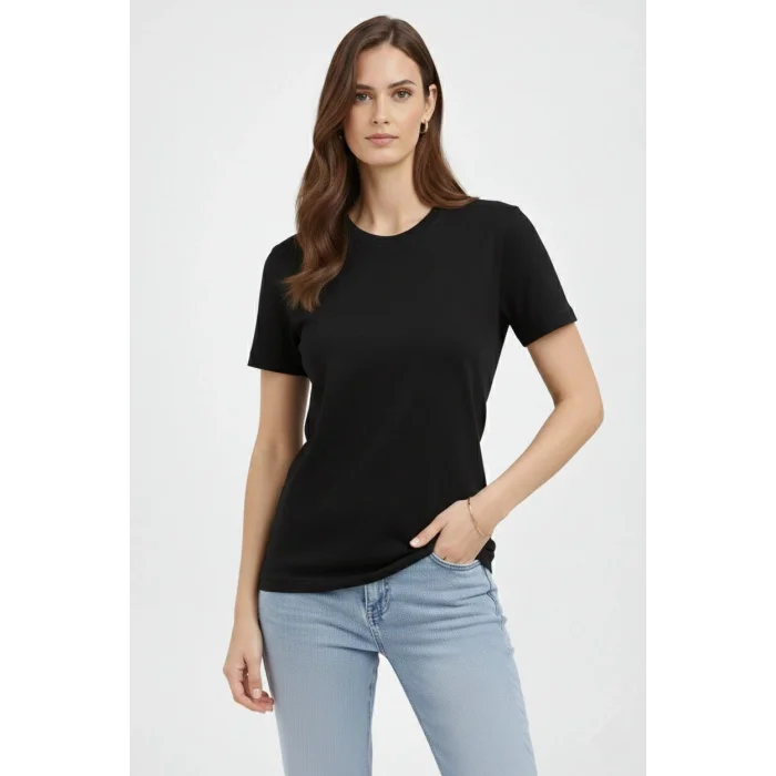 Kadın Bisiklet Yaka Tişört Regular Kalıp Basic Pamuklu Günlük Kullanım T-shirt - Siyah