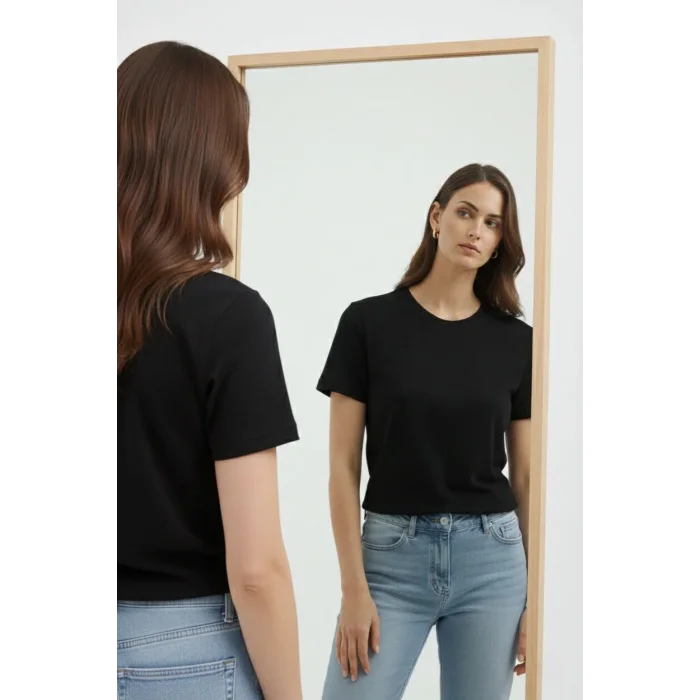 Kadın Bisiklet Yaka Yazlık Kısa kol Düz Tişört Regular Kalıp T-shirt - Siyah