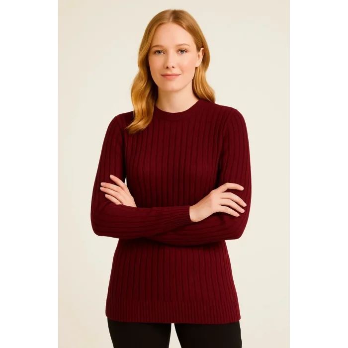 Kadın Bisiklet Yaka Triko Kazak Pamuklu Kalın Fitilli Dokuma Regular Fit - Bordo