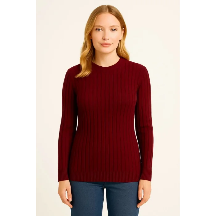 Kadın Bisiklet Yaka Triko Kazak Pamuklu Kalın Fitilli Dokuma Regular Fit - Bordo