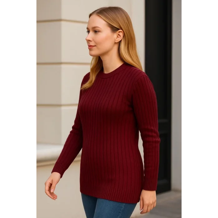 Kadın Bisiklet Yaka Triko Kazak Pamuklu Kalın Fitilli Dokuma Regular Fit - Bordo