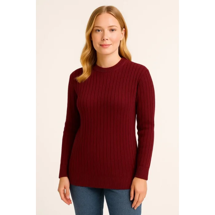 Kadın Bisiklet Yaka Triko Kazak Pamuklu Kalın Fitilli Dokuma Regular Fit - Bordo