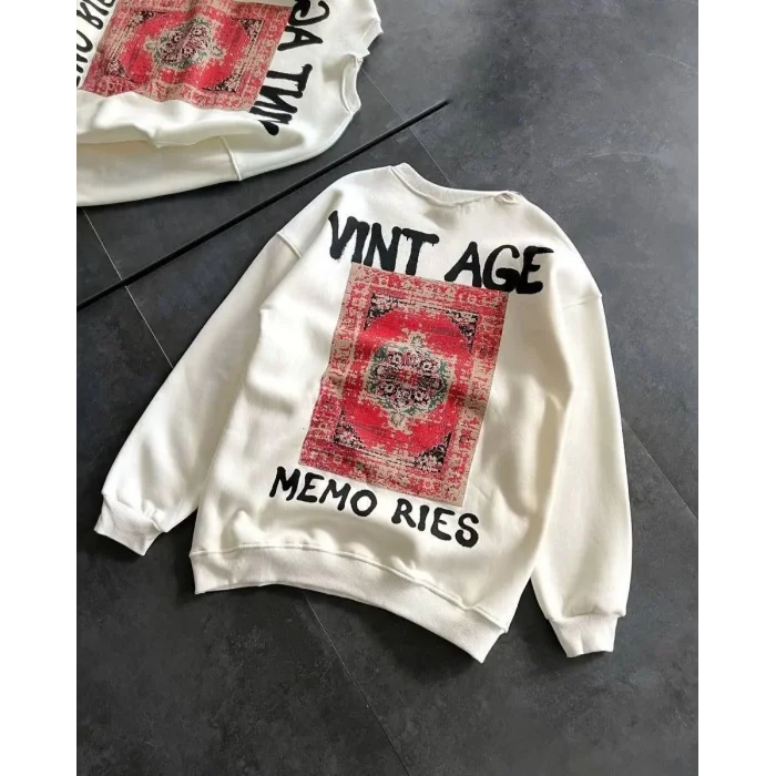 Kadın Bisiklet Yaka 3 İplik Baskılı Oversize SweatShirt - Beyaz