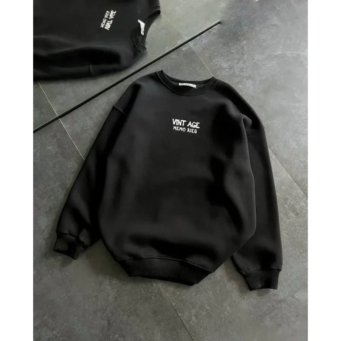 Kadın Bisiklet Yaka 3 İplik pamuklu Baskılı Oversize SweatShirt - Siyah