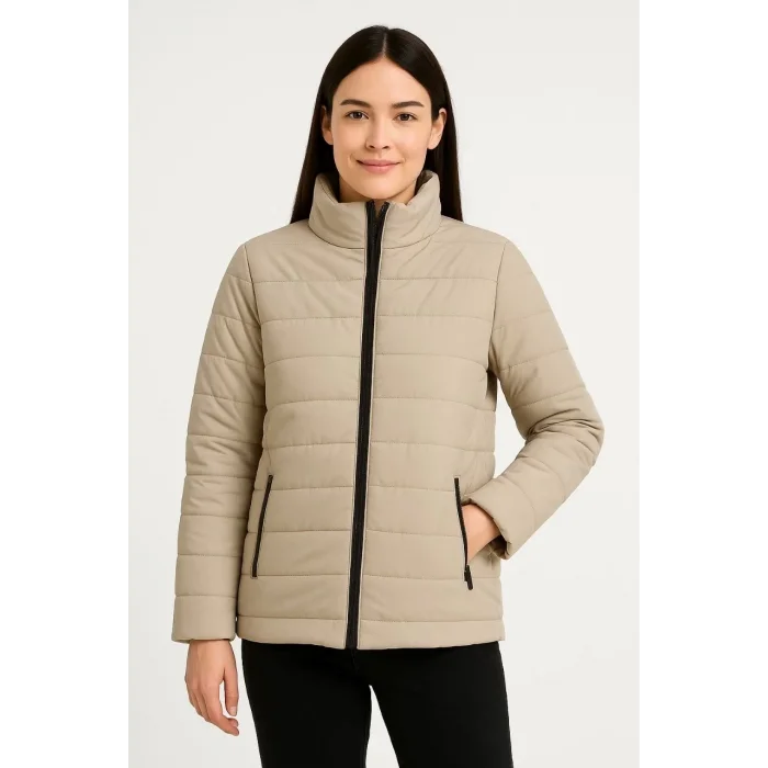 Kadın Bomber Mont Su İtici Kapitone Astarlı Fermuarlı Cepli Ceket - Bej