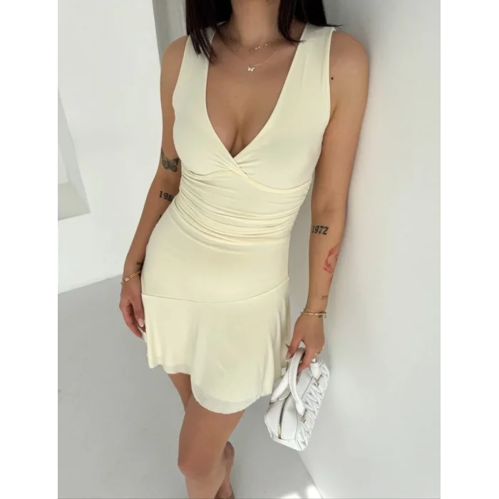 Kadın Derin V Yaka Sırt Dekolteli Mini Elbise Drapeli Şık Kolsuz - Açık Sarı