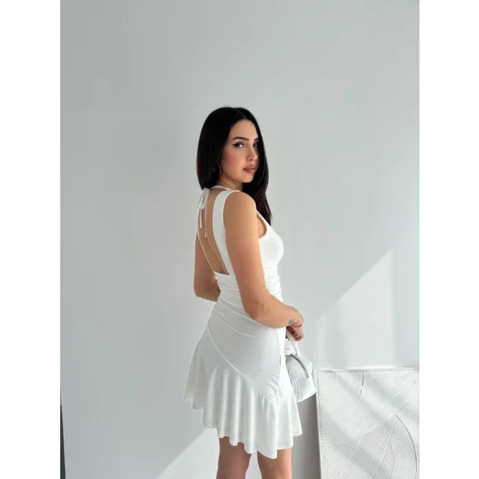Kadın Derin V Yaka Sırt Dekolteli Mini Elbise Drapeli Şık Kolsuz - Beyaz