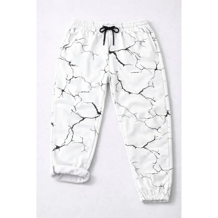 Kadın Dijital Baskılı Eşofman Altı Kışlık Üç İplik Şardonlu Kumaş Lastikli Paça, Cepli, Rahat Kalıp - Beyaz