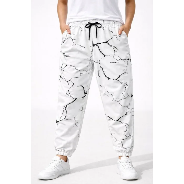 Kadın Dijital Baskılı Eşofman Altı Kışlık Üç İplik Şardonlu Kumaş Lastikli Paça, Cepli, Rahat Kalıp - Beyaz