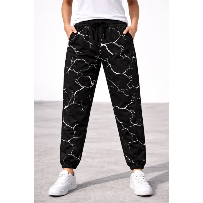 Kadın Dijital Baskılı Eşofman Altı Kışlık Üç İplik Şardonlu Kumaş Lastikli Paça, Cepli, Rahat Kalıp - Siyah