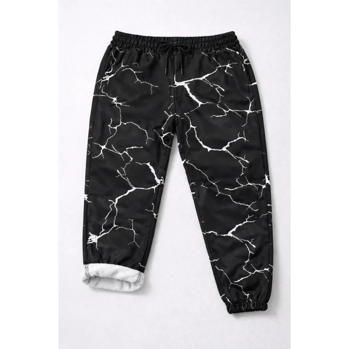 Kadın Dijital Baskılı Eşofman Altı Kışlık Üç İplik Şardonlu Kumaş Lastikli Paça, Cepli, Rahat Kalıp - Siyah