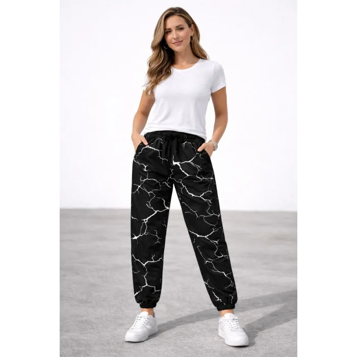 Kadın Dijital Baskılı Eşofman Altı Kışlık Üç İplik Şardonlu Kumaş Lastikli Paça, Cepli, Rahat Kalıp - Siyah