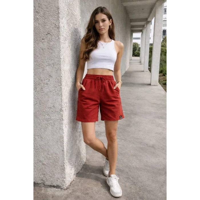 Kadın otoban Dokuma Kumaş Beli Lastikli, Cepli, Yazlık Şort - Turuncu