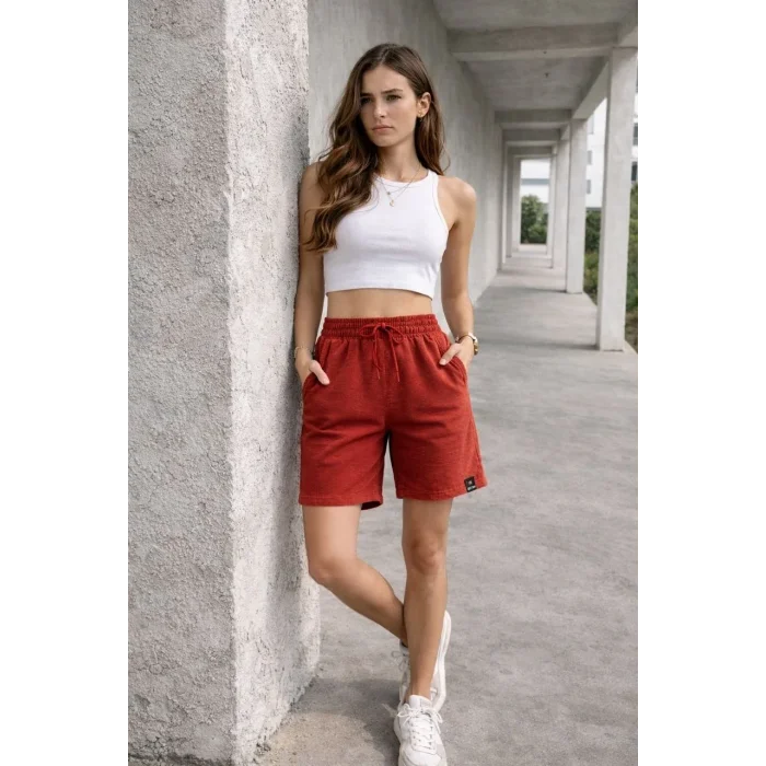 Kadın otoban Dokuma Kumaş Beli Lastikli, Cepli, Yazlık Şort - Turuncu